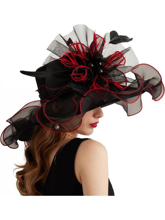 Elegant Wide Brim Organza Church Hat with Detachable Flower for Weddings & Tea main image 5